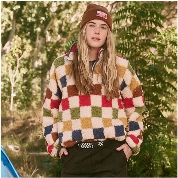 THE GREAT. EDDIE BAUER CHECKER PRINT PLUSH FLEECE 1/4 ZIP HIGH NECK SWEATER - Picture 9 of 9